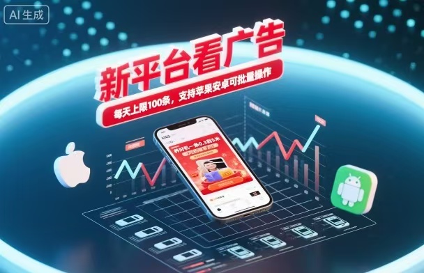 新台看广告,养好机一条5毛到5块,单机日入30到100,支持苹果安卓,可批量操作。-摇钱树